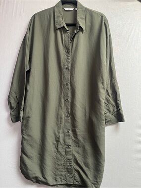 Uniqlo Linen Blend Oversized Olive Green Button Front Shirt Dress Size M
